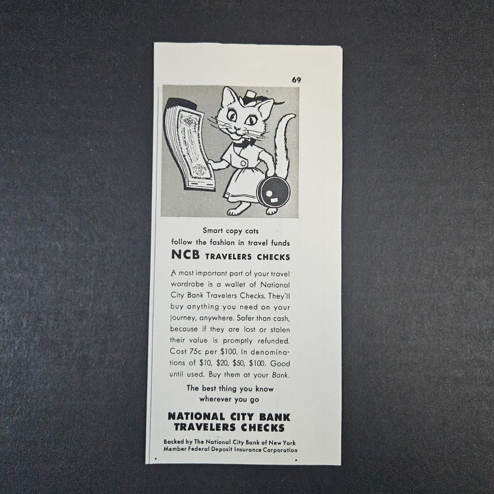 1953 National City Bank Travelers Checks Vintage Print Ad Hat Cat With Suitcase